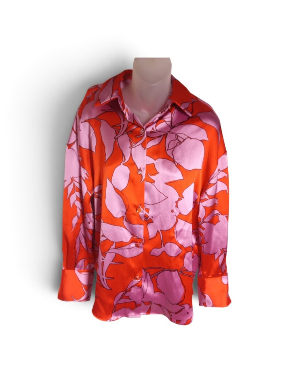 House of Harlow 1960 Floral Satin Button Blouse Pink Red Retro Statement Sz M - Picture 2 of 8